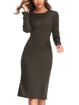 Femei toamna și iarna nou rotund gat buton cu mâneci lungi rochie tricot stretch Slim pulover fusta