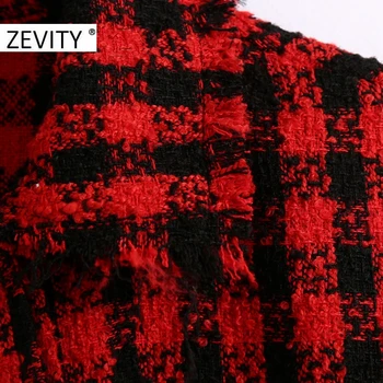 ZEVITY femei vintage print carouri eșarfe tweed cămașă de lână haina femme maneca lunga buzunar tiv ciucure sacou elegant marca topuri CT592