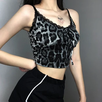 HEYounGIRL Dantela Leopard Imprimate Fără Mâneci Cami Top Lega Sexy Top Trunchiate Femei Moda Coreeană Spaghete Curea Top Streetwear