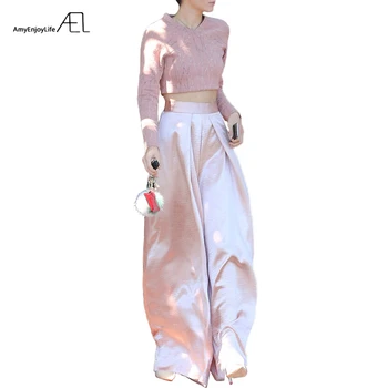 AEL Roz de Înaltă Talie Cutat Liber Largi Picior Pantaloni Sexy Top Scurt 2017 Vară de Moda Elegant Slim pentru Femei Costum de Haine Feminine