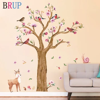 145*170cm Animale Desene animate Copacul Autocolant de Perete pentru Camera Copii Pictate în Acuarelă Păsări Cerb imagini de Fundal de Flori de Perete Decal