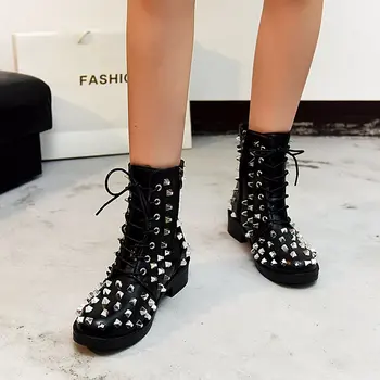 Sexy Nit Cizme de Toamna pentru Femei Platforma Cizme Negre din Piele Gothic Punk Stil de Luptă Cizme Pentru Femei Pantofi cizme Martin plus dimensiune