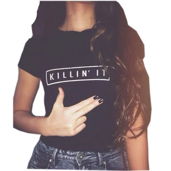 Killin It Fashion din Bumbac pentru Femei T shirt T-shirt, Blaturi Harajuku Tee Alb Negru Maneca Scurta tricouri Casual, Club de Noapte, Îmbrăcăminte