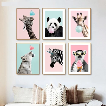 Copil Pepinieră De Perete De Artă De Desene Animate Drăguț Imagini De Animale Bubblegum Girafa Panda Postere Zeabra Panza Pictura Pentru Copii Decor Dormitor