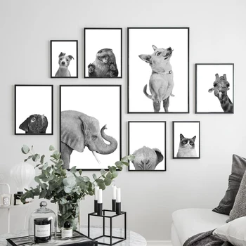 Alb Negru Elefant, Câine, Pisica, Girafa Animale Arta De Perete Panza Pictura Nordică Postere Si Printuri Poze De Perete Decor Camera Pentru Copii