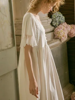 2019 Vara din Bumbac Alb Dulce pentru Femei Cămăși de noapte Moale Liber Sleepwear Vintage Elegant Printesa din Dantela Rochie de Noapte 19523