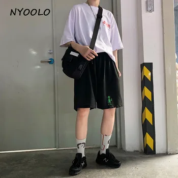 NYOOLO Harajuku stil vintage străin broderie Direct pantaloni de Vara streetwear liber elastic talie genunchi lungime pantaloni femei bărbați
