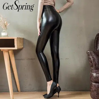 GetSpring Femei Pantaloni Codrin Pluș Îngroșat PU Codrin Talie Mare Strans Bottom Pantaloni de Moda pentru Femei Pantaloni din Piele de Iarnă