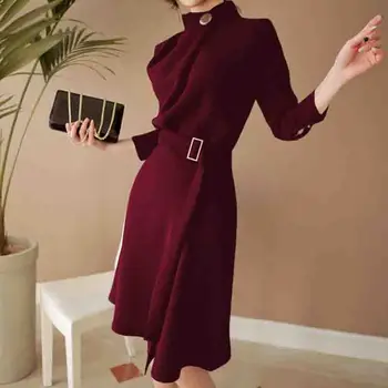 Afaceri Butoane Rochie Nouă 2019 Femeile de Primăvară Formale Negru Guler Roșu de Muncă Moda Rochie cu Maneci Lungi Eșarfe OL Vestidos