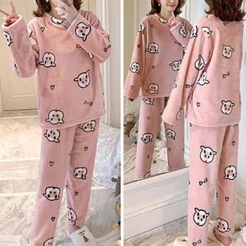 Femei Iarna Pijama cu Maneca Lunga Topuri Pantaloni Largi de Desene animate de Animale Cald Sleepwear X7YA