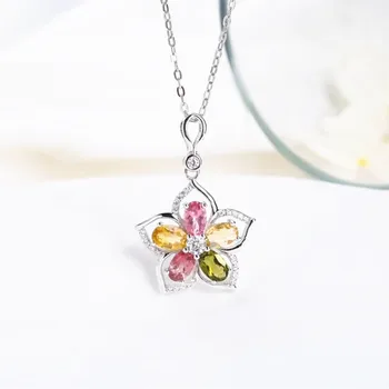 SGARIT nou design floare colier bijuterii de argint 925 naturale colorate turmalina colier pandantiv pentru femei cadouri