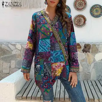 Casual cu Maneci Lungi Open Stitch Cardigan Toamna Straturi Subțiri 2020 ZANZEA Femei Vintage Florale Imprimate Jachete Asimetrice Uza