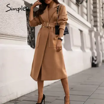 Simplee Birou doamnă cămilă toamna iarna femei de haină de lână moda High street maneca lunga haina Elegant buzunar uza cu centura