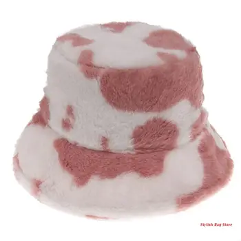 Femei Iarna Cald Pufos De Plus Pălărie Găleată De Lapte De Vacă De Imprimare Panama Pescar Capac