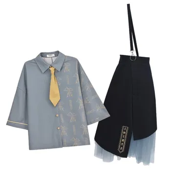 Harajuku 2 buc seturi vintage cămașă cu cravată+neregulate Plasă de cusut fusta Lunga Femei Chineze Toamna Brodate Hip-Hop se Potriveste