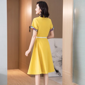 Femei rochie de vara coreean scurt maneca tricou femei rochie haine de moda galben birou doamnelor mult OL munca rochie curea