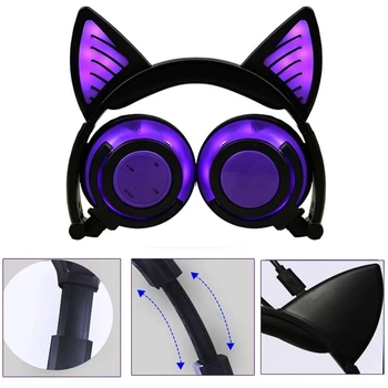 Fără fir Bluetooth Casti Pliabile Intermitent Pisica Copii Ureche Căști Cască Jocuri cu LED-uri de Lumină Violet