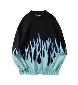 Coreeană largi tricotate flacără bărbați și femei hip hop streetwear o-gât pulover pulover