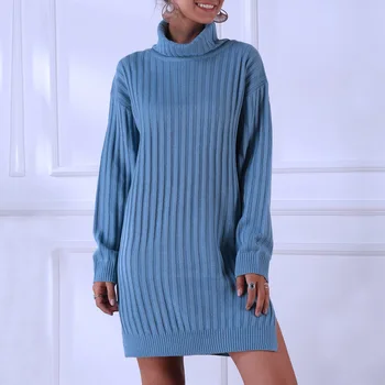 Femei Toamna iarna Tricotate Gât Înalt Groapă Culoare Solidă Vrac Sweather Rochie cald Guler Rochii pulover