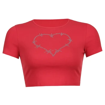 HEYounGIRL Inima de Cristal Sudoare Drăguț Y2K Crop Top Tricou de Moda de Vara din Bumbac T-shirt Doamnelor Roșu de Bază Tricou 90 Streetwear