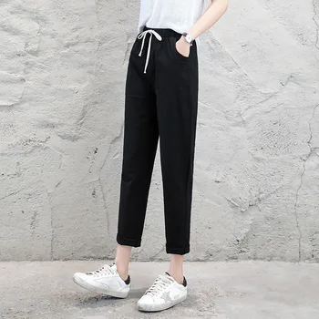 Brand Chic Vrac Lenjerie De Pat Din Bumbac Pantaloni Femei Moale Pantaloni Harem Respirabil Glezna Subțire Lungime Pantaloni-Coreean De Agrement Hallen Pantaloni Negru