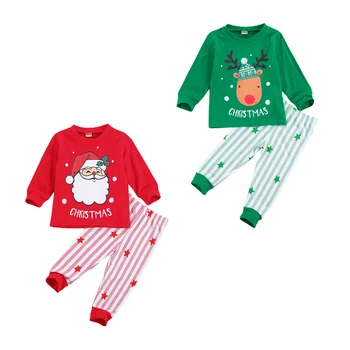 2 Buc pentru Copii din Bumbac de Crăciun Pijama Set Mos Craciun Elan Gât Maneca Lunga Pulover Casual, Dungă Stele Pantaloni Largi