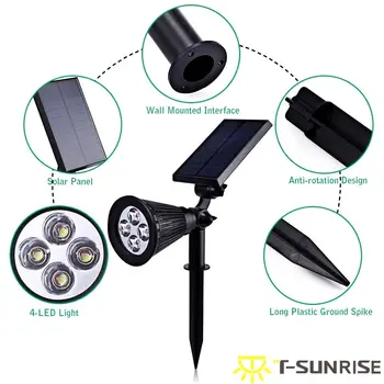 T-SUNRISE 4 Pack Solare LED Spotlight în aer liber, 4 LED-uri Lampă Solară rezistent la apa IP65 Unghi Reglabil RGB Lumina de Perete pentru Curte, Gradina