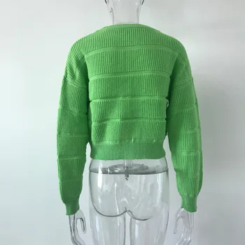 BKLD 2019 Toamna Streetwear Verde Neon cu Maneci Lungi Pulover Crop Topuri Femei de Tricotat Pulover Solid O-Gât Pulover Pulover Vrac