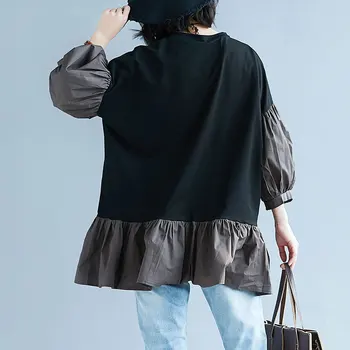 Moda pentru Femei Topuri si Bluze de Vara Primăvara anului 2019 Liber Casual Lantern Maneca Mozaic din Bumbac Tricou Supradimensionat Zburli Top Lung