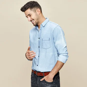 KUEGOU Brand pentru Bărbați tricou denim Moda scule tricou toamna din bumbac albastru denim camasa cu maneca lunga barbati Topuri ZC-649