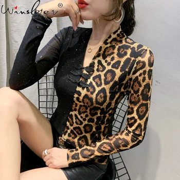 Primavara Toamna Europene de Moda T-Shirt Epocă de Bloc de Culoare Catarama Mic Leopard Blaturi Lucioase Ropa Mujer Îmbinat Plasă Teuri T00002A