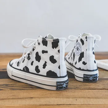 Femei Adidași Vaca De Imprimare Redus De Înaltă Dantelă Sus Toc Plat Fete Panza Pantofi Animal Caracter Elevii Alb Pantofi De Moda 2020 Primăvară