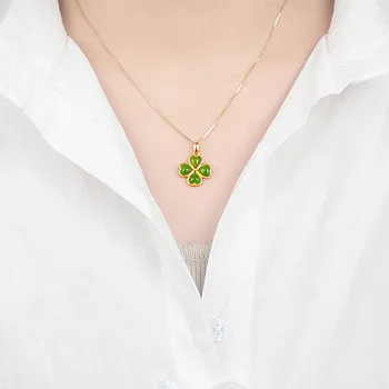 Clasic trifoi verde jad pietre pretioase aur 18k culoarea pandantiv coliere pentru femei cravată lanț de bijuterii bijoux bague cadou de ziua de nastere