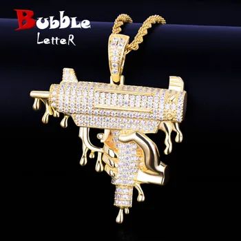Mana Picură Arma Forma Pandantiv Colier de Aur de Culoare Iced din Cubic Zirconia Bărbați Hip-hop Rock Bijuterii 5x5.7cm