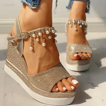Karinluna Dulce tocuri de Agrement confortabil platforma Lanțuri de perle sandale de vara pentru femei pantofi Pene de sex feminin