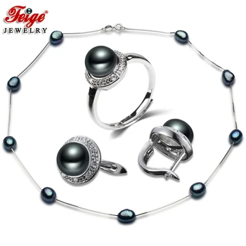 Trendy Argint 925 Lant Negru de apă Dulce Colier de Perle de Cultură Set de Bijuterii pentru Femei Bijuterii Cadou FEIGE