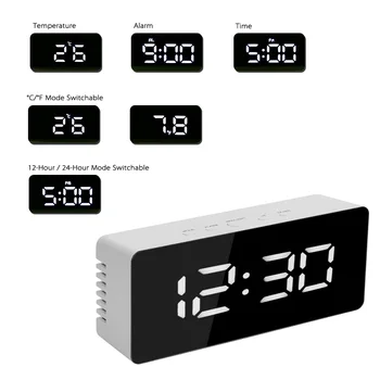 HILIFE Termometru USB si Baterie Operate Birou de Masă Ceasuri de Alarmă Digital, Ceas de birou Oglinda cu Ceas cu Funcție de Amânare