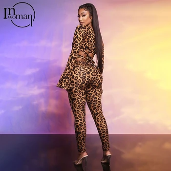 INWOMAN Leopard de Imprimare pe Un Umăr Crop Top 2 Două Piese Set Femei Bodycon Tinutele Doamnelor Clubwear Sexy Seturi de Potrivire de sex Feminin 2021