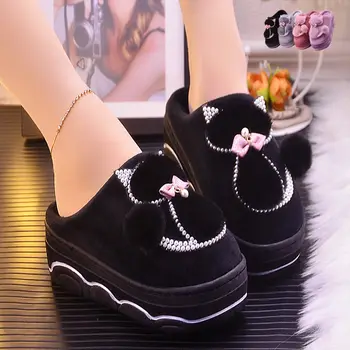 Fete ins pisica papuci de casa pantofi femei blană de diapozitive platforma papuci doamnelor sexy stras papuci de casă