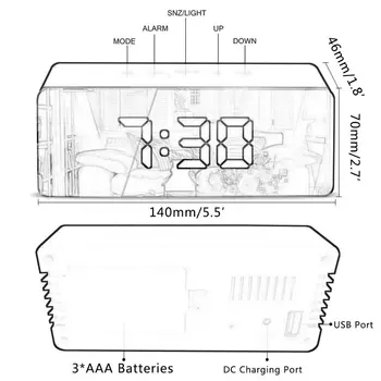 LED de Afișare a Temperaturii Oglindă Digital Ceas cu Alarmă Cu Amânare Luminozitate Reglabilă Pentru Dormitor Birou