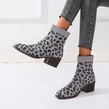2020 Nou Cizme Scurte de Toamna Femei Leopard de Alunecare-Pe Glezna Cizme Incaltaminte Tocuri inalte Pantofi Pene Bota Feminina Pantofi pentru Femei