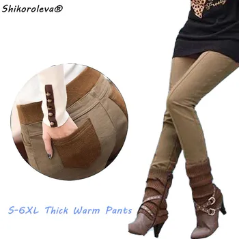 Femei Jambiere Pantaloni de Iarnă de Bumbac Lână Cald Gros Elastic Talie Subțire, de Buzunar Jeggings Plus Dimensiune 5XL 6XL S Maro Khahi Negru