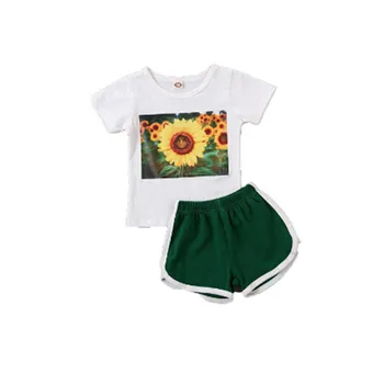2-7Y Vara Copilul Fete pentru Copii Haine Seturi de Floarea-soarelui Imprimare Maneca Scurta Camasi Bluze pantaloni Scurți Verzi Tinutele Casual
