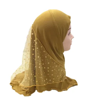 2-7 Ani Fete Musulmane Hijab Capace Destul de Dantelă cu Ochiuri mozaic Islamic Turban dintr-O Bucata Instant Hijabs Pentru Copii Gata de A Purta