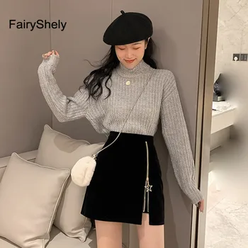 FairyShely Fermoar Negru Fusta Mini Femei Catifea Scurte Fusta Creion Doamnelor 2020 Moda Munca De Birou De Înaltă Talie Fuste Faldas