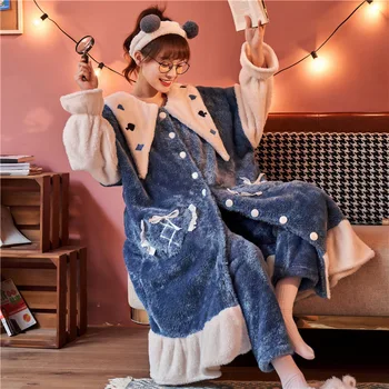 NIGHTWA de Iarna set de Pijama Femei Plus Dimensiune Sleepwear Pijamale Flanel Moda Uzura Acasă Frumoasă cămașă de noapte Coral Catifea Cardigan