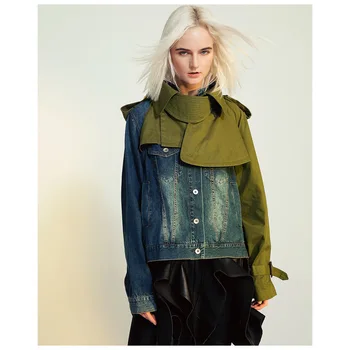 DECESUL 2021 haine noi de moda guler de turn-down îmbinat mozaic verde jacheta denim pieptul singur strat scurt WK47004L