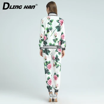 DLINGHAN Moda Rose Floral-Print Set Stand de Guler maneca Lunga strat de Top+Pantaloni Lungi set de Două piese de Designer de Toamna Femei Nou