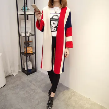 Toamna Noua Femei Cardigan Tricotate Pulover Casual Cu Maneci Lungi Femei Mid-Lungime Culoare De Contrast Coreean Liber Doamnelor Topuri Valul Q459