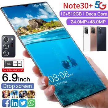 Versiune globală Note30+ 512GB Dual SIM 10 Core Telefon Inteligent 6.9 Inch Andriod 10.0 Fata ID-ul de Amprente 6000mAH Telefon Mobil MTK6889